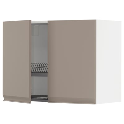 METOD Wall cabinet w dish drainer/2 doors, white/Upplöv matt dark beige, 80x37x60 cm