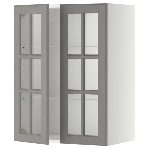 METOD Wall cabinet w shelves/2 glass drs, white/Bodbyn grey, 60x37x80 cm