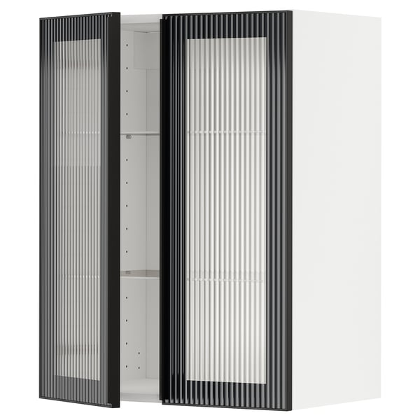 METOD Wall cabinet w shelves/2 glass drs, white/Hejsta anthracite reeded glass, 60x37x80 cm