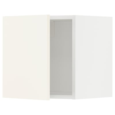 A white METOD kitchen cabinet with a sleek, modern design. It has a tall, rectangular shape and snap-on hinges.