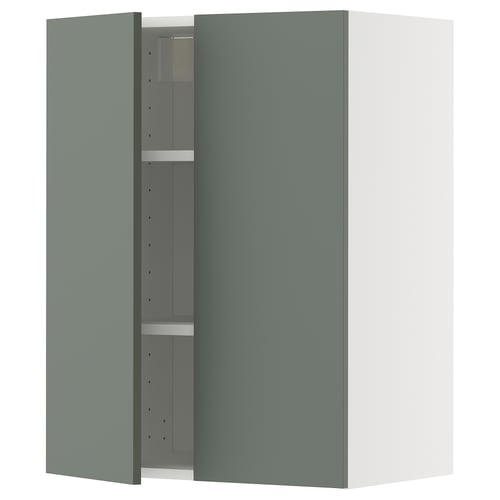 Green METOD wall cabinet with adjustable shelf and grey interior.