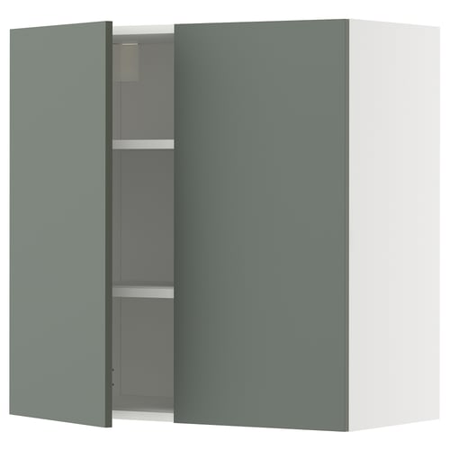 Open light grey-green METOD wall cabinet, two doors, square shape, modern design, storage shelf inside.