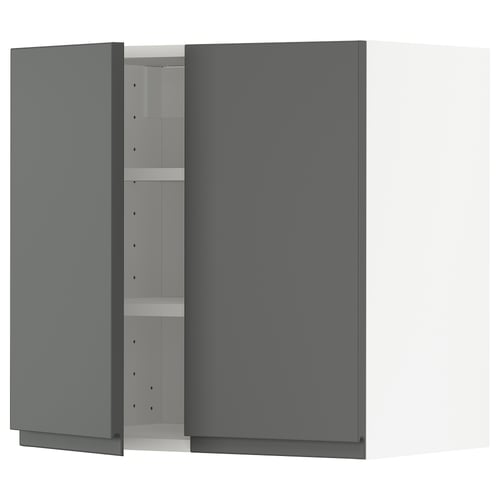 Modern grey kitchen cabinet with shelves.