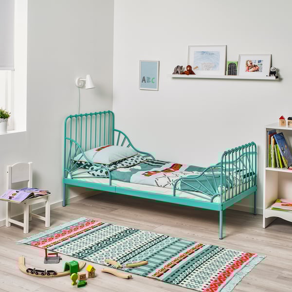 MINNEN Ext bed frame with slatted bed base turquoise IKEA