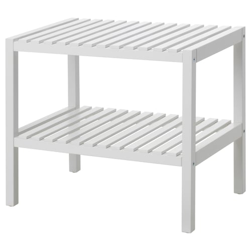 A white MUSKAN storage bench. It two-tier slatted shelves made of solid aspen with a simple, clean design, suitable for high humidity areas.