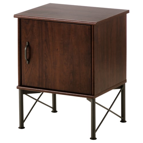 MUSKEN wooden bedside cabinet, dark brown, metal legs, square shape.
