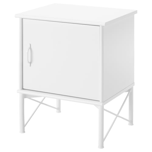 MUSKEN white bedside table with single door, white metal legs, simple, compact design.