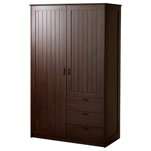 Dark wood, tall wardrobe with 2 doors, 3 drawers, and vertical panels.