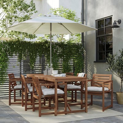 NÄMMARÖ Table+6 chairs w armrests, outdoor, light brown stained/Kuddarna light grey-beige, 200x75 cm