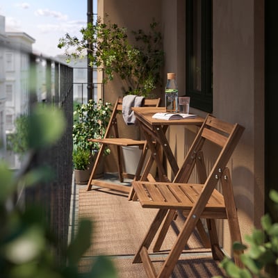 NÄMMARÖ Table and 2 folding chairs, outdoor, foldable light brown stained, 108x37 cm