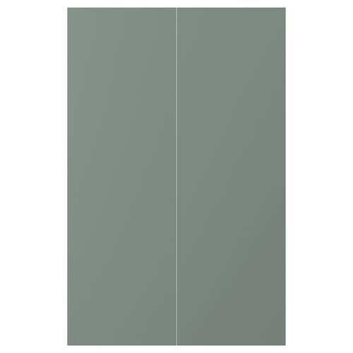 This image shows a pair of modern grey-green cabinet doors with a smooth finish and clean lines.