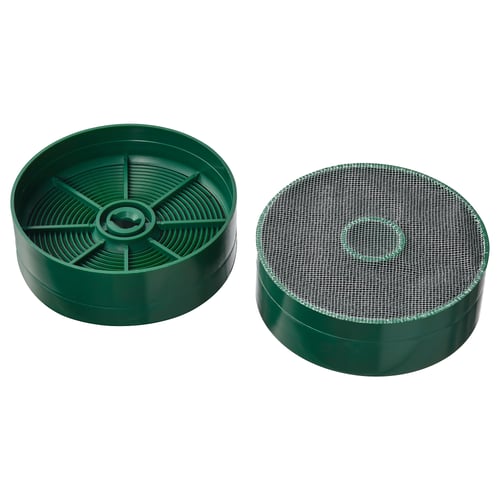 Two green circular charcoal philtres, one with carbon slats, one with mesh top.