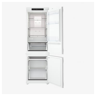 White integrated fridge/freezer, open doors revealing shelves and drawers, modern design.