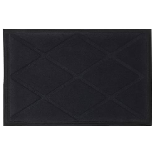 Black OKSBY door mat with geometric design, recycled polyester surface, rubber backing.