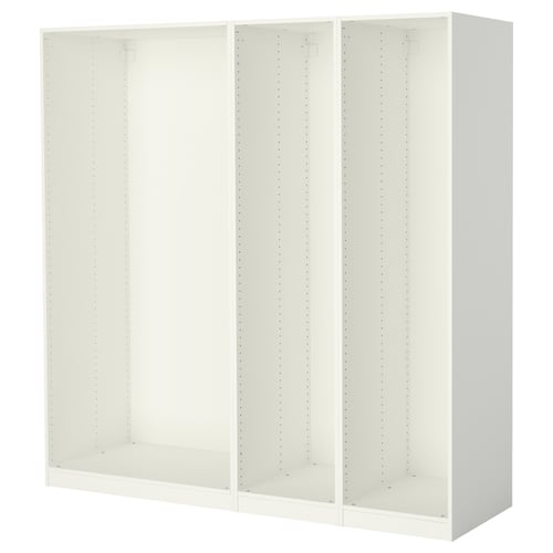 White PAX wardrobe; three sections, square, white panels.