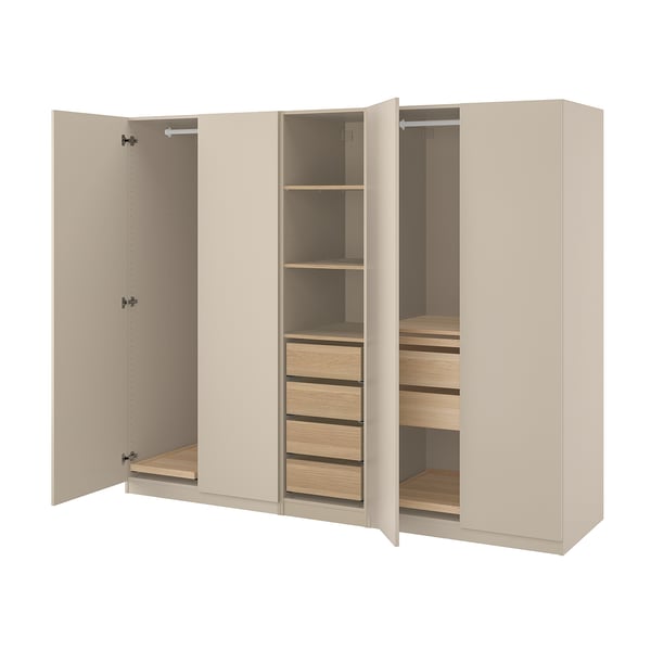 PAX / FORSAND Wardrobe combination, grey-beige/white stained oak effect grey-beige, 250x60x201 cm