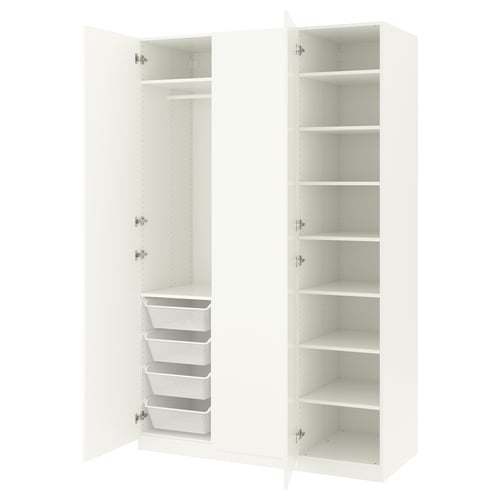 A white, tall, narrow wardrobe named PAX with multiple shelves and drawers, featuring a minimalist design.