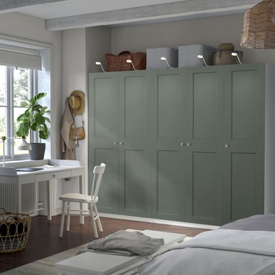 PAX / GRIMO Wardrobe combination, white/grey-green, 250x60x201 cm