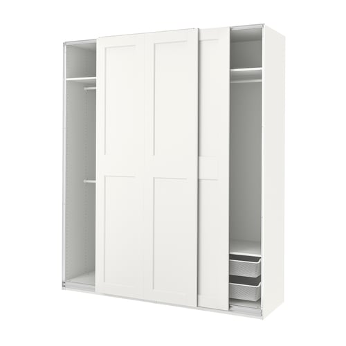 White PAX wardrobe with sliding doors, featuring internal shelves and mesh baskets for storage. Sleek, modern design.