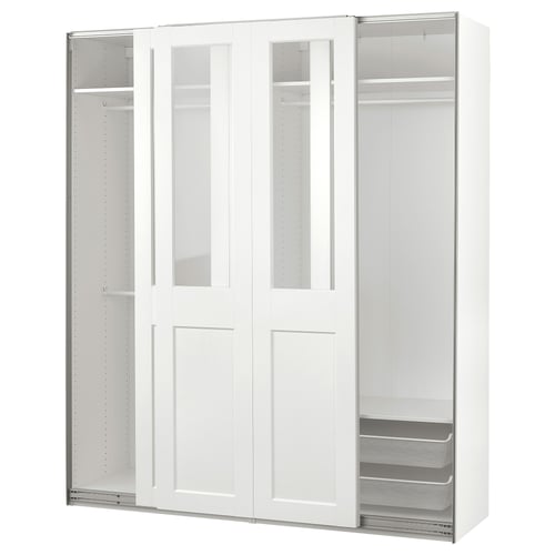 A white PAX wardrobe with glass doors, displaying an organised interior with shelves and hanging space.