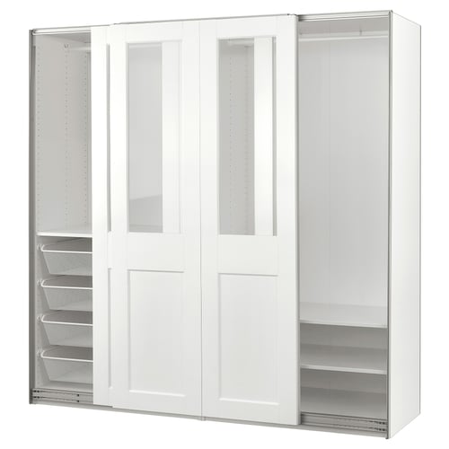 White PAX wardrobe with glass doors, clear shelves, mesh basket, soft-close feature.