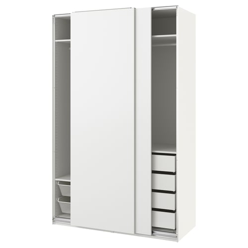 PAX wardrobe, white, sliding doors, with shelves and drawers.