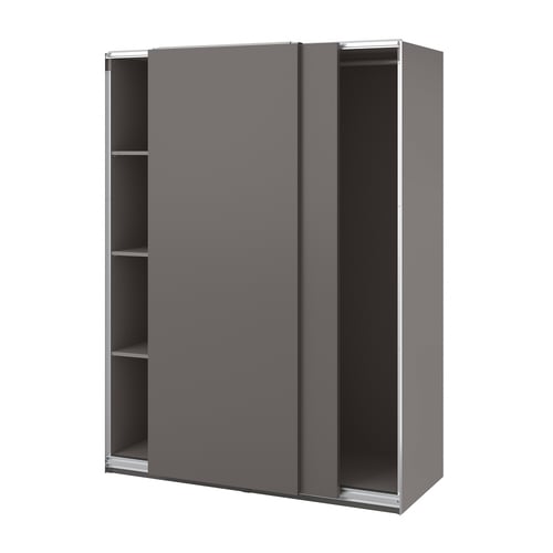 Tenstar wardrobe: grey sliding doors, metal rail, particleboard frame, minimalist design.