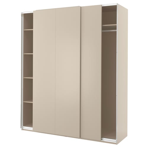 A beige, modern wardrobe with sliding doors, featuring multiple shelves inside. It’s sleek and designed for efficient space use.