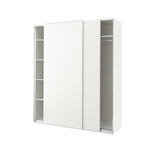 A white ikea PAX wardrobe with sliding doors and shelves. Its rectangular, modern, and minimalist in design.