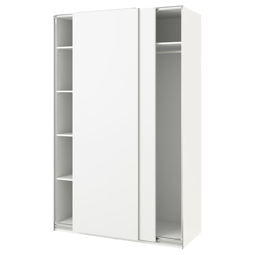 A white ikea PAX wardrobe with sliding doors and internal shelves.