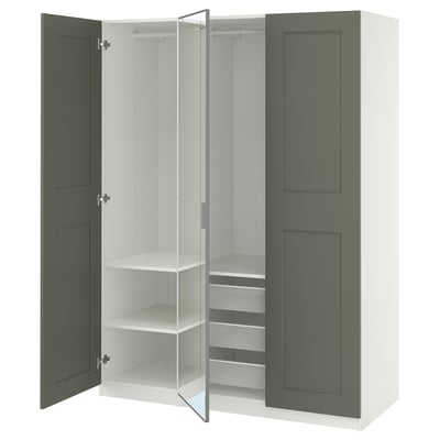 PAX wardrobe: white & green. Shallow, tall, mirrored doors, soft-close hinges. Shelves & drawers inside.