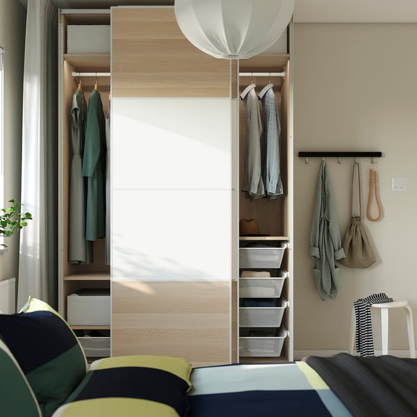 PAX / MEHAMN Wardrobe, white stained oak effect double sided/white white stained oak effect, 150x66x236 cm
