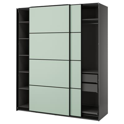 PAX / MEHAMN Wardrobe with sliding doors, dark grey/double sided light green, 200x66x236 cm