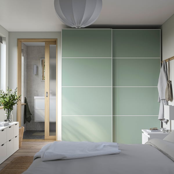 PAX / MEHAMN Wardrobe with sliding doors, white/double sided light green, 200x66x236 cm