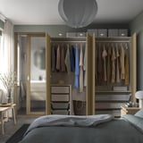 PAX / STORKLINTA Wardrobe combination, grey-beige/oak effect, 200x66x201 cm