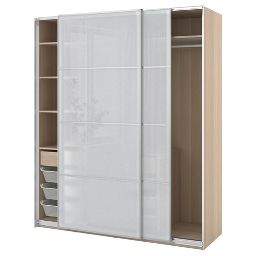 PAX wardrobe: light wood, frosted glass doors, open right side, shelves, drawers.
