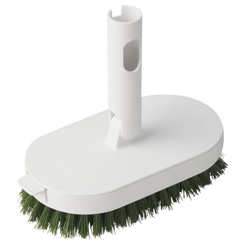 White oval PEPPRIG brush; green bristles, white handle, easy detach design.