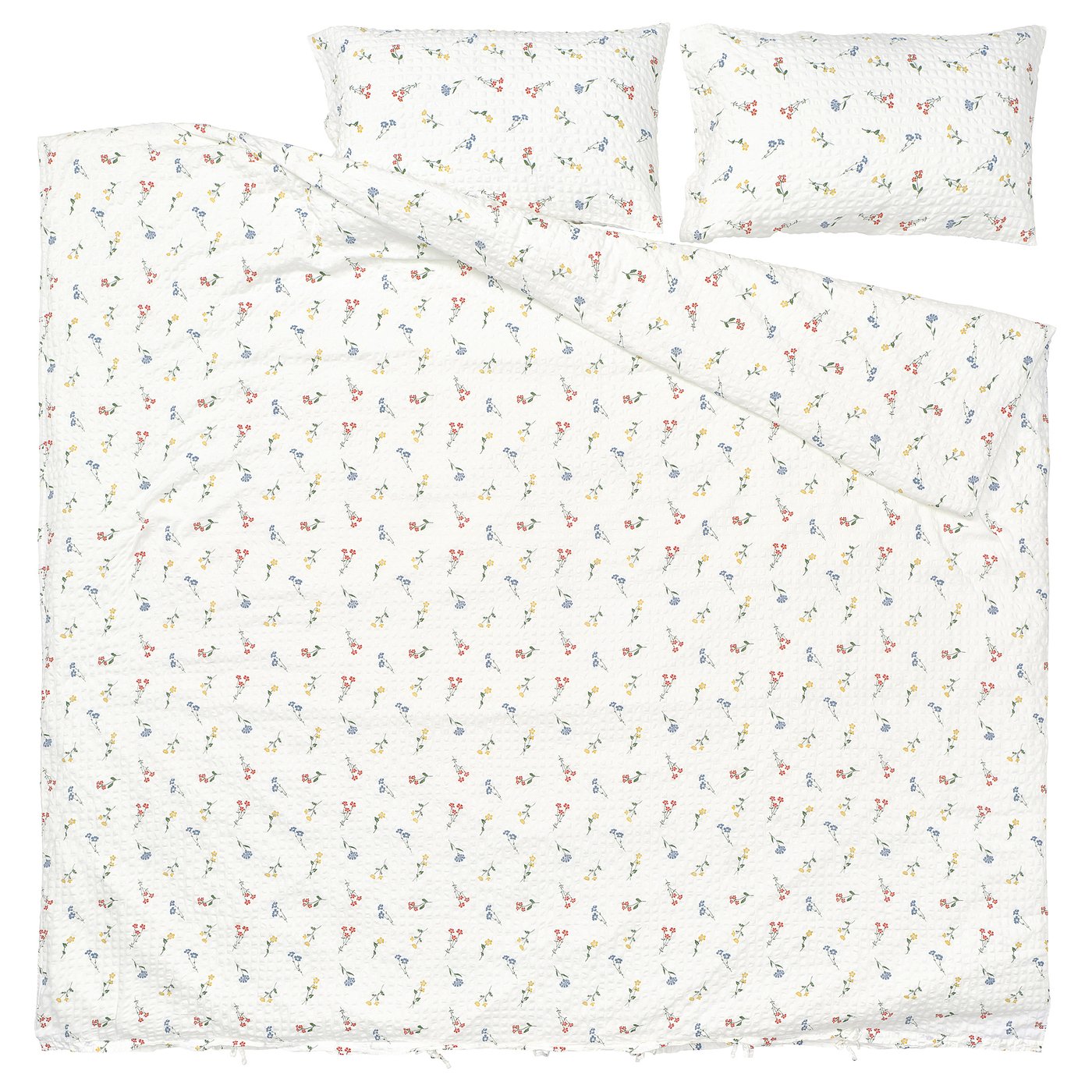Floral pildvärm duvet set, white & pastel, cotton-viscose, seersucker texture, includes cover & 2 pillowcases.
