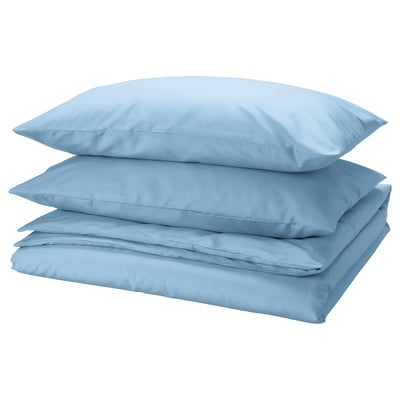 Three stacked light blue rectangular pillows, smooth texture, simple design.