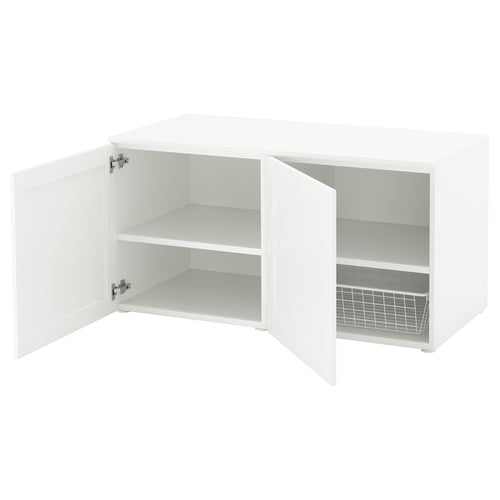 White PLATSA storage unit, two doors open revealing shelves. Minimalist, modern design in white.