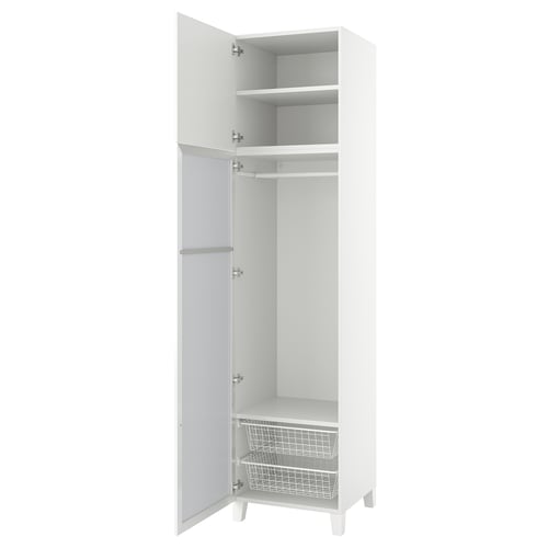 White PLATSA tall storage cabinet with open doors showcasing shelves and basket.