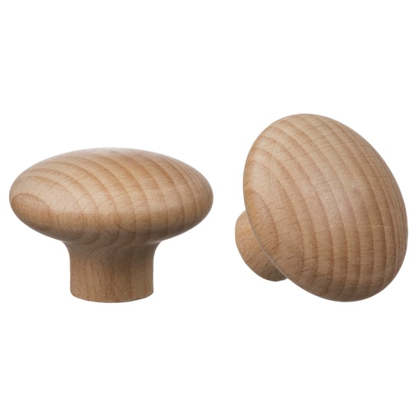Two light brown wooden knobs, smooth and round, designed for easy grip and a natural look.