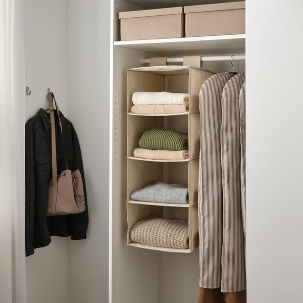 RÅGODLING Hanging storage w 4 compartments, textile/beige, 36x45x92 cm