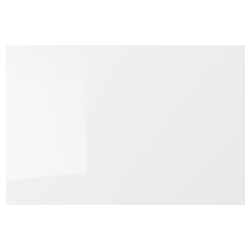 A white, glossy RINGHULT kitchen cabinet door with sleek, modern lines. Its made from fibreboard and durable, easy-to-clean surfaces.