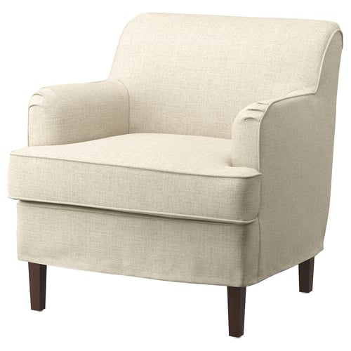 Rocksjö armchair: beige, upholstered, wood legs, curved design.