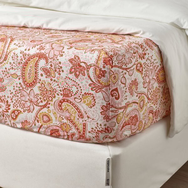 RODGERSIA Fitted sheet, pink/white, 150x200 cm
