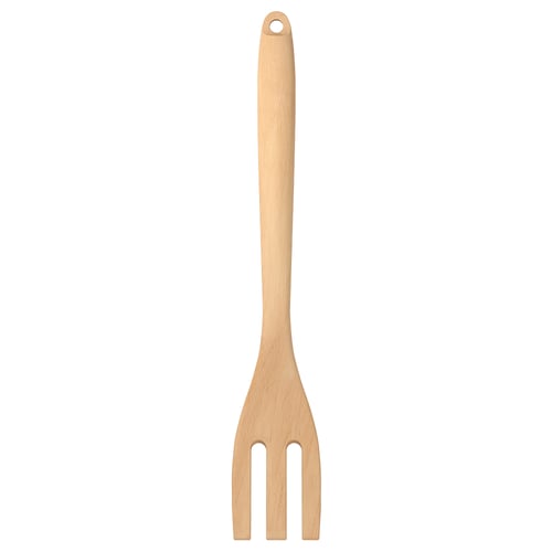 A wooden kitchen utensil named RÖRT with a brown handle and a forked tip at the end. It is designed to be gentle on cookware.