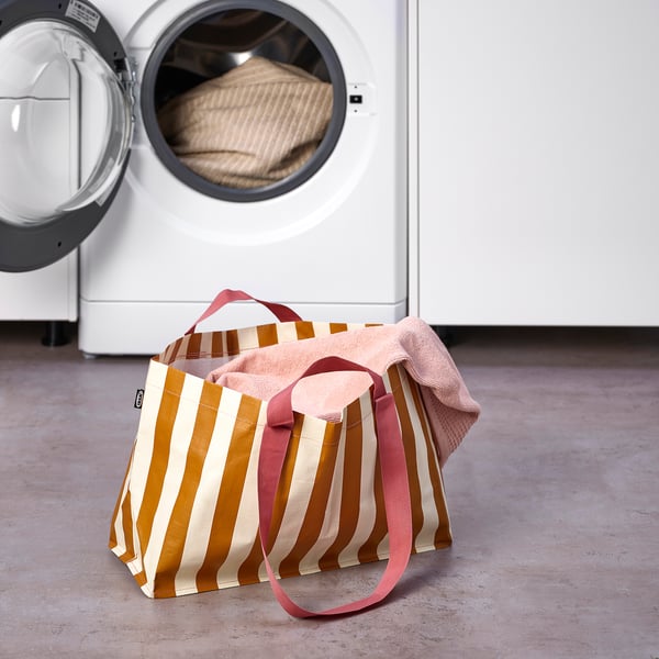 SÄCKKÄRRA Carrier bag, off-white/yellow-brown/striped, 18x45x28 cm/22 l