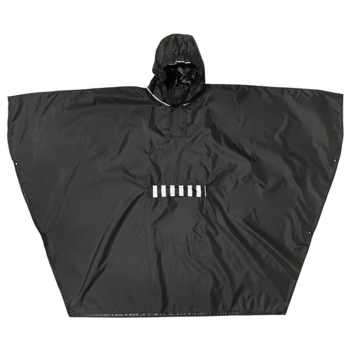 Black SALTSTEN poncho, large with hood, front pocket, folds into pocket, made of polyurethane and polyester.