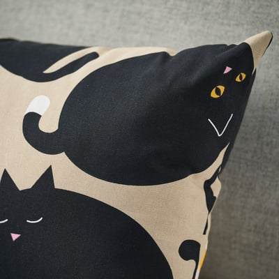 SANDMOTT Cushion, beige black/cat pattern, 35x50 cm